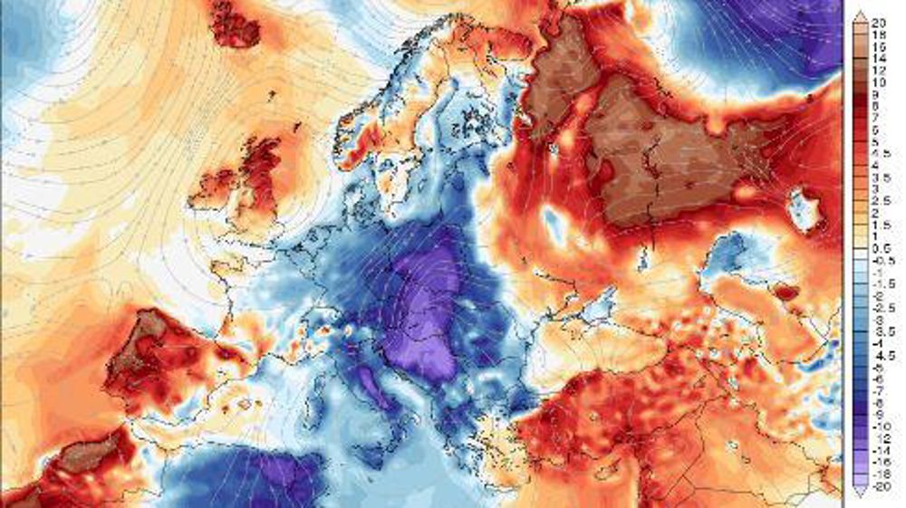 Anomalie de température à 2 m, en °C, prévue par le modèle américain GFS, pour le mardi 14 mai 2019 à 12h00 UTC. © Karsten Haustein.